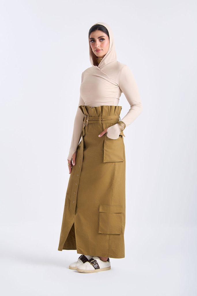 Khaki Ruffled Waist Skirt