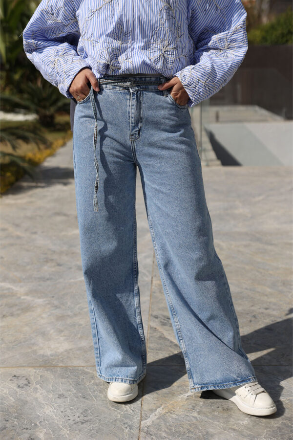 Medium Blue Wide Leg Trousers with Waist Belt